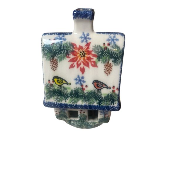 Polish pottery tea light house poinsettia with birds - Picture 1 of 6